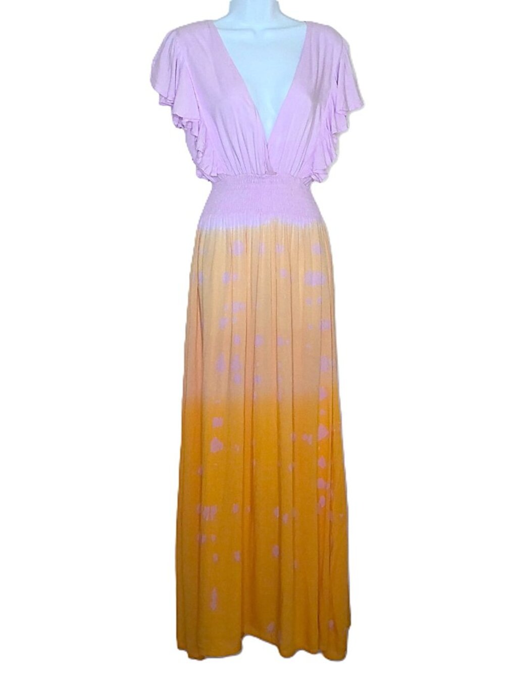Tiare Hawaii Maxi Dress VNeck Ombre Boho Smocked Empire Waist Ruffle Sleeve XS/S